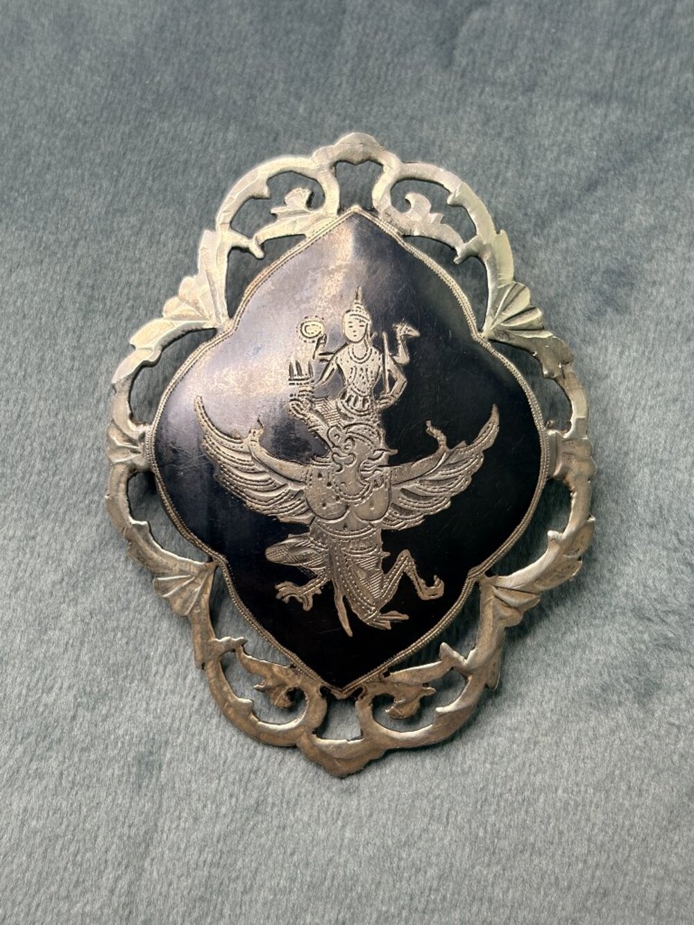 1900’s Antique Thailand Siam Sterling Silver Brooch Thai God of Protection